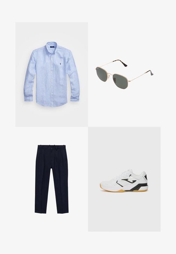 Blå och vit randig långärmad skjorta i bomull, med en knapp ner-krage, framknappar och en liten broderad logotyp på bröstet.; Navybyxor i slät tyg med en något skräddarsydd passform, framfållar, bältesslingor och en knappstängning.; Vit sportskor med svarta detaljer, texturerad mesh-överkonstruktion, perforeringar för luftgenomsläpplighet, tjock gummisula och snörningsdesign.; Guldmetallramda solglasögon med mörkgröna linser, pilotstil, med smala armfästen och sköldpaddsmönstra detaljer på spetsarna.