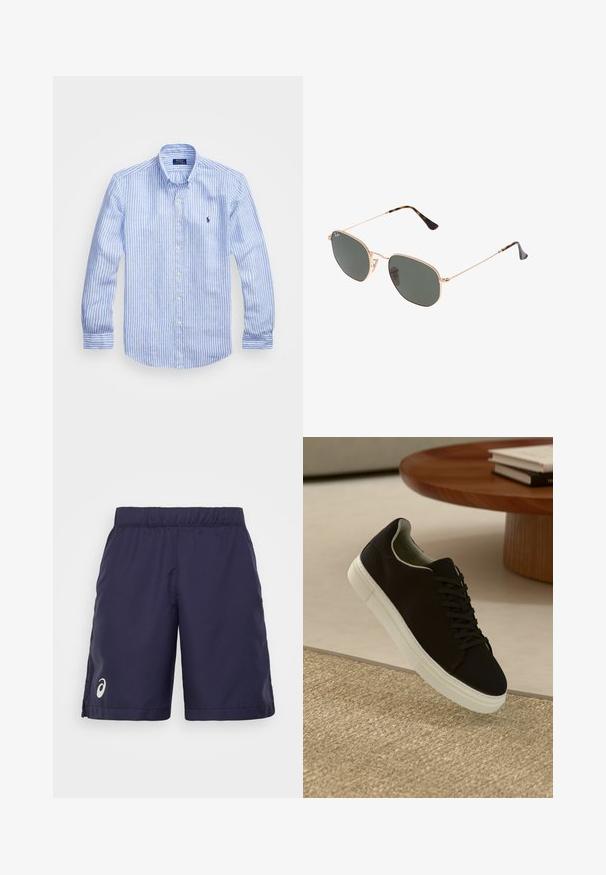 Kék és fehér csíkos, hosszú ujjú pamut ing, gombos gallérral, elől gombokkal és egy kis hímzett logóval a mellkason.; ASICS MEN COURT SHORT - Sport rövidnadrágok - midnight; Fekete sneakers fehér talppal lebeg egy bézs textúrájú szőnyeg felett, egy kerek fából készült asztal közelében, rajta egymásra pakolt könyvekkel.; Arany fémkeretes napszemüveg sötétzöld lencsékkel, pilóta stílusban, vékony karokkal és teknősbékás díszítéssel a végeken.