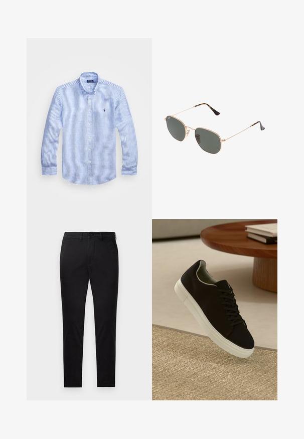 Blauw-wit gestreept overhemd met lange mouwen van katoen, met een button-down kraag, knopen aan de voorkant en een klein geborduurd logo op de borst.; Zwarte chino's van gladde stof met een rechte snit. Voorzien van een knoopsluiting aan de voorkant en zijzakken met een strakke, minimalistische uitstraling.; Zwarte sneaker met witte zool die boven een beige gestructureerd tapijt zweeft, nabij een ronde houten tafel met gestapelde boeken.; Gouden metalen zonnebril met donkergroene lenzen, aviator-stijl, met slanke scharnieren en schildpad-accenten op de uiteinden.
