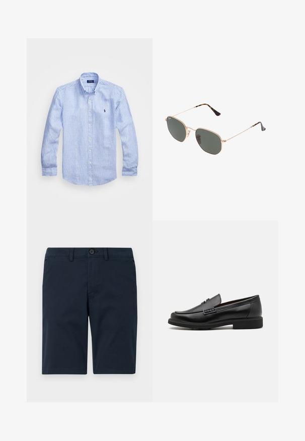 Zila un baltā svītru garām piedurknēm krekls izgatavots no kokvilnas, ar pogājamu apkakli, priekšējām pogām un nelielu izšūtu logotipu uz krūtīm.; T tumši zilas šorti, izgatavoti no kokvilnas maisījuma, ar pogu aizdari, jostu cilpām un taisnu maliņu ar minimālu apdari.; Melni sintētiskie loafers ar izteiktu šuvju priekšpusi, mīkstu iekšējo zoli un plakanu gumijas zoli; eleganta dizainu ar minimālu detalizāciju.; Zelta metāla rāmis saulesbrilles ar tumši zaļiem stikliem, aviator stils, ar šaurām kājām un bruņu akcentiem uz galiem.