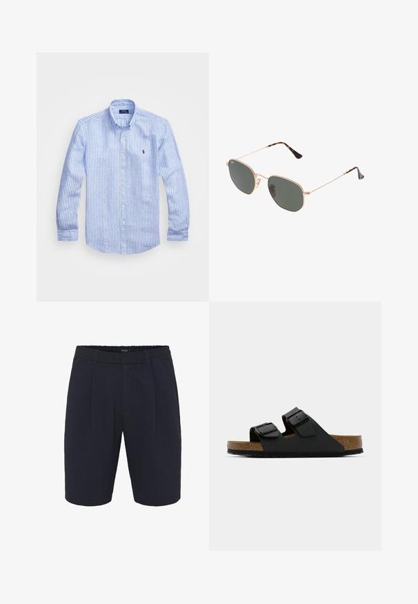 Modrá a biela prúžkovaná košeľa s dlhými rukávmi vyrobená z bavlny, vybavená golierom na gombíky, prednými gombíkmi a malým vyšitým logom na hrudi.; Námornícky tkané šortky s textúrovanou tkaninou, s uvoľneným strihom, elastickým pásom a prednými záhybmi. Jednoduchý dizajn bez vreciek.; Čierne sandále na slidovanie vyrobené z syntetického materiálu s dvoma nastaviteľnými popruhmi a kovovými prackami; korokový stielok a textúrovaná gumová podrážka.; Zlaté slnečné okuliare s kovovým rámom a tmavozelenými šošovkami v aviator štýle, s úzkymi ramenami a mramorovými akcentami na koncoch.