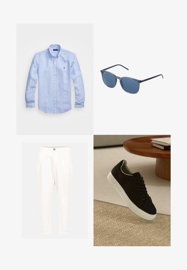 Plava i bijela prugasta košulja dugih rukava od pamuka, s ovratnikom na dugmad, prednjim dugmadi i malim izvezenim logom na prsima.; Bijele pamučne hlače s opuštenim krojem, s prednjim kopčanjem na dugme, dva bočna džepa i prevrnutim manžetama. Glatka tekstura i čiste linije.; Crna tenisica s bijelim potplatom koja lebdi iznad bež teksturiranog tepiha pored okruglog drvenog stola sa složenim knjigama.; Plave pravokutne sunčane naočale s sivo obojenim staklima, plastičnim okvirom, metalnim naglasima i mat završnom obradom na drškama.