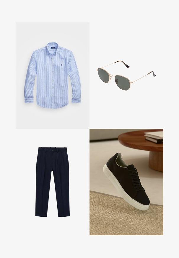 Plava i bijela prugasta košulja dugih rukava od pamuka, s ovratnikom na dugmad, prednjim dugmadi i malim izvezenim logom na prsima.; Mornarske hlače od glatke tkanine, s lagano prilagođenim krojem, prednjim naborima, petljama za remen i zatvaranjem na jedan gumb.; Crna tenisica s bijelim potplatom koja lebdi iznad bež teksturiranog tepiha pored okruglog drvenog stola sa složenim knjigama.; Naočale s metalnim okvirom u zlatnoj boji i tamnozelenim lećama, avijatičarskog stila, sa tankim drškama i kornjačevim naglascima na vrhovima.