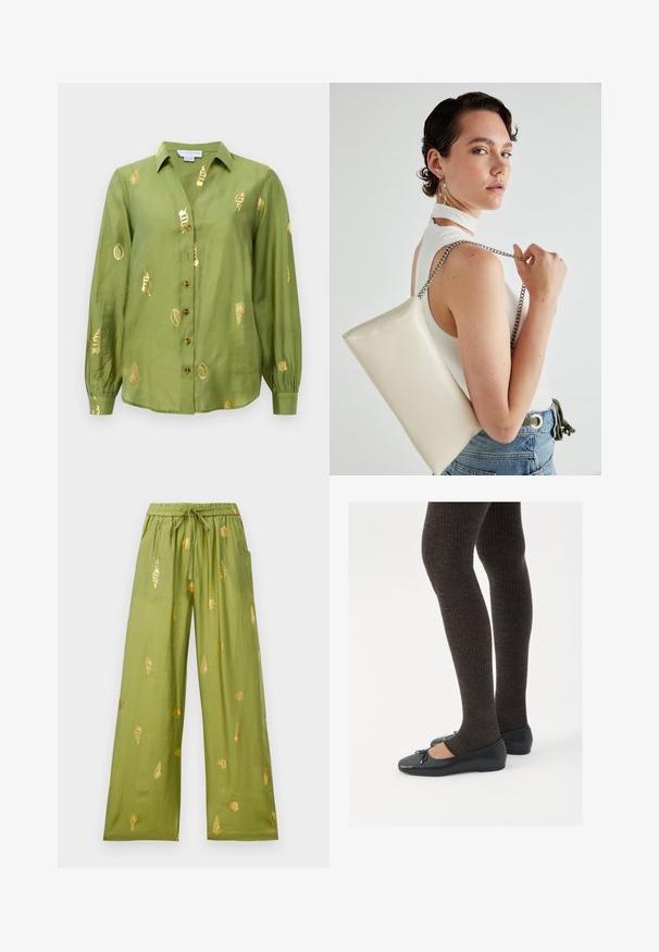 Blusa de manga larga verde oliva claro con cuello, botón frontal y patrones metálicos dorados de conchas marinas dispersos por la tela.; Pantalones de pierna ancha en verde oliva con cintura elástica y cordón, decorados con patrones de conchas doradas y caracolas.; Zapatos planos negros con un pequeño lazo en la punta, combinados con medias de punto en marrón oscuro. Los zapatos tienen una textura suave y un perfil bajo.; Bolso de mano rectangular blanco, hecho de un material brillante, con una cadena plateada. La modelo posa, mostrando el bolso frente a un fondo liso.