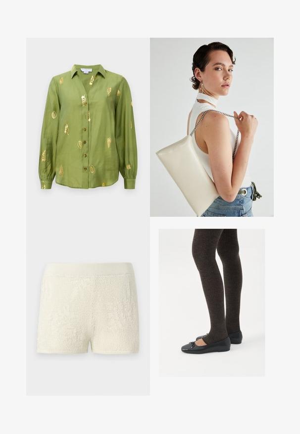 Blouse longue à manches avec col, de couleur vert olive clair, fermée par des boutons sur le devant, avec des motifs de coquillages métalliques dorés dispersés sur le tissu.; Shorts tricotés en blanc cassé avec un motif texturé. Dotés d'une large ceinture élastique et d'une coupe ajustée.; Chaussures plates noires avec un petit nœud au niveau des orteils, associées à des collants côtelés marron foncé. Les chaussures ont une texture lisse et un profil bas.; Pochette rectangulaire blanche en matériau brillant, avec une bandoulière en chaîne argentée. Le modèle pose en mettant en valeur le sac contre un fond uni.