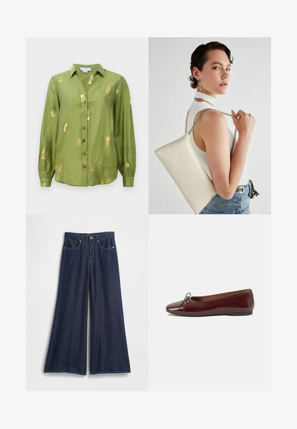 Svijetlo maslinasta bluzica dugih rukava s ovratnikom, prednjim dugmadi i metalik zlatnim uzorcima morskih školjki raspršenim po tkanini.; Traper hlače širokih nogavica u tamnoplavoj boji. Imaju visok struk, pet džepova i kontrastne šavove. Glatka tekstura s urednim rubom.; Burgundska lakirana balerinka s zaobljenim vrhom, malim mašnom sprijeda i niskom, crnom gumenom potplatu. Glatka tekstura.; Bijela pravokutna torbica s kopčanjem, izrađena od sjajnog materijala, s srebrnim lančićem. Model pozira, prikazujući torbicu na jednostavnoj pozadini.