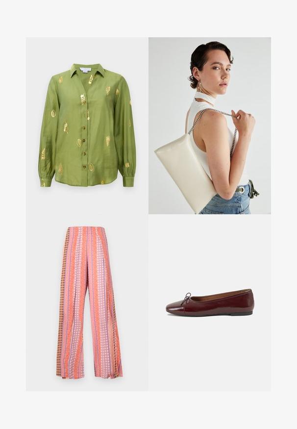 Helles olivgrünes Langarmbluse mit einem Kragen, Knopfleiste und metallisch goldenen Muschelmuster, die über den Stoff verstreut sind.; Weite Hosen mit vertikalen Streifen in den Farbtönen Pink, Orange und Braun. Die Muster beinhalten florale und geometrische Designs.; Burgunderfarbenes, lackiertes Ballettschuh mit abgerundetem Zehenbereich, kleiner Schleifenakzent vorne und einer niedrigen, schwarzen Gummisohle. Glatte Textur.; Weiße rechteckige Clutch aus glänzendem Material mit einem silbernen Kettenriemen. Das Model posiert und präsentiert die Tasche vor einem schlichten Hintergrund.