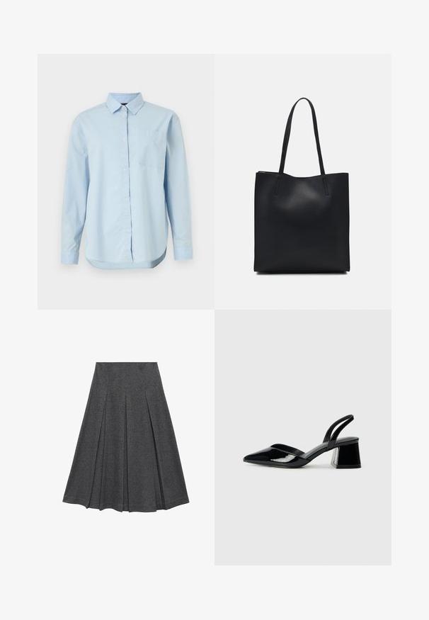 Svijetloplava košulja od pamuka, s klasičnom kragnom, dugim rukavima, jednom džepom na prsima i zaobljenim rubom.; Siva plisirana suknja s raširenim oblikom, izrađena od mekanog materijala. Ima uspravne plisove i glatki pojas za prilagođeni izgled.; Crne lakirane kožne sandale s otvorenom petom i špicastim vrhom, s geometrijskom blok petom. Imaju elegantan, minimalistički dizajn i glatku teksturu.; Crna kožna torba za nošenje s glatkom teksturom, pravokutnim oblikom i dvije duge ručke. Nema vidljivih metalnih dijelova ili ukrasa.