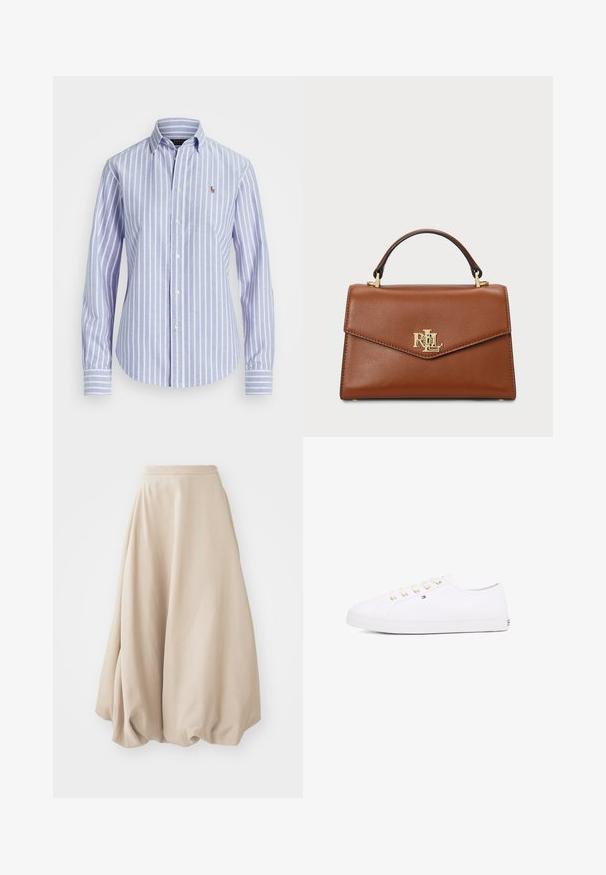 Camicia azzurra e bianca a righe con colletto, dotata di un piccolo logo ricamato sul petto e polsini con bottoni. Tessuto morbido.; Gonna a palloncino beige realizzata in morbido tessuto. Presenta una vita alta e un design voluminoso con texture arricciata sull'orlo.; Sneaker bianco in tela con occhielli dorati, lacci piatti, suola in gomma strutturata e branding minimale sul lato. Design a profilo basso.; Borsa a tracolla in pelle marrone con un design strutturato, manico superiore, finiture dorate e un logo in evidenza sul davanti. Texture liscia.