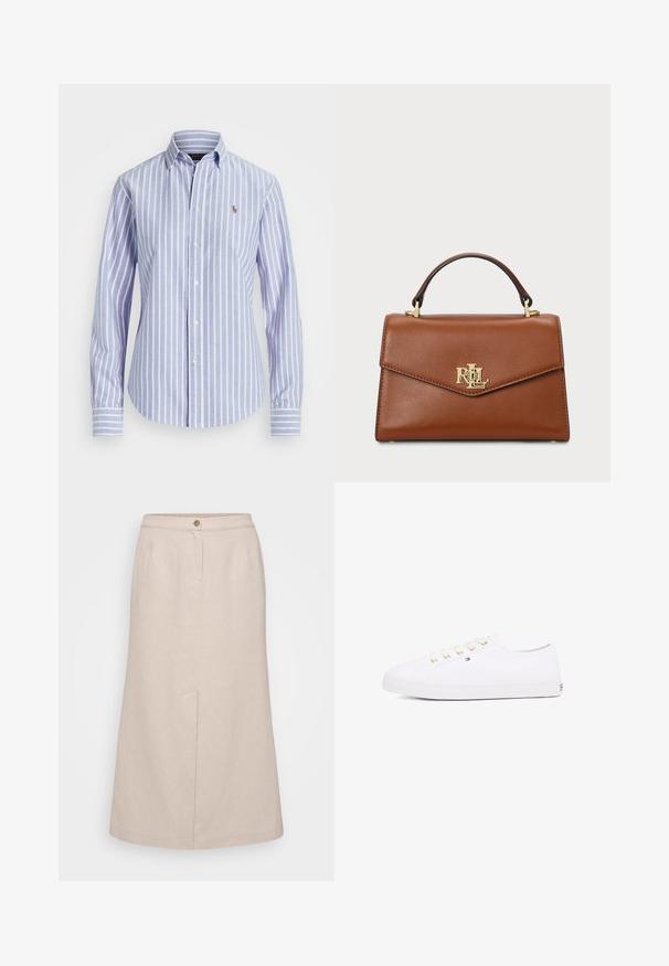 Mėlynos ir baltos horizontalios juostelės marškiniai su apykakle, turintys mažą siuvinėtą logotipą krūtinėje ir sagos rankogaliuose. Minkšta audinio tekstūra.; Kreminės spalvos midi sijonas, pagamintas iš tekstūruoto audinio, su mygtukų uždarymu, priekine klostele ir viena šonine kišene, užtikrinančia funkcinį akcentą.; Baltos drobės sportbačiai su auksinėmis skylutėmis, plokščiomis raišteliais, struktūrizuota gumine padanga ir minimaliu ženklinimu šone. Žemas profilio dizainas.; Ruda oda rankinė su struktūrizuotu dizainu, viršutine rankena, auksiniais akcentais ir logotipo elementu priekyje. Lygus paviršius.
