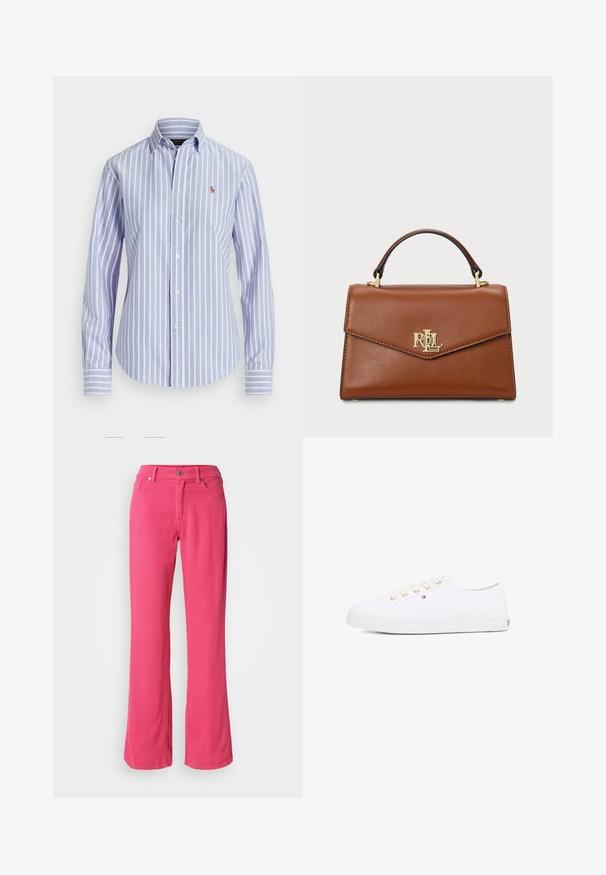 Modra in bela prugasta srajca z gumbom in ovratnikom, ki ima majhen všit logotip na prsih ter gumbaste manšete. Mehka tekstura tkanine.; Roza široka hlače iz bombaža, z sprednjim gumbom, zadrgo in klasičnim pet-imenskim oblikovanjem žepov. Gladka tekstura in običajen kroj.; Bela platnena športna obutev z zlatimi očesci, ravnimi vezalkami, teksturiranim gumijastim podplatom in minimalnim blagovnim znakom ob strani. Nizka zasnova.; Rjava usnjena torbica z oblikovano zasnovo, zgornjim ročajem, zlatimi dodatki in logotipom na sprednji strani. Gladka tekstura.