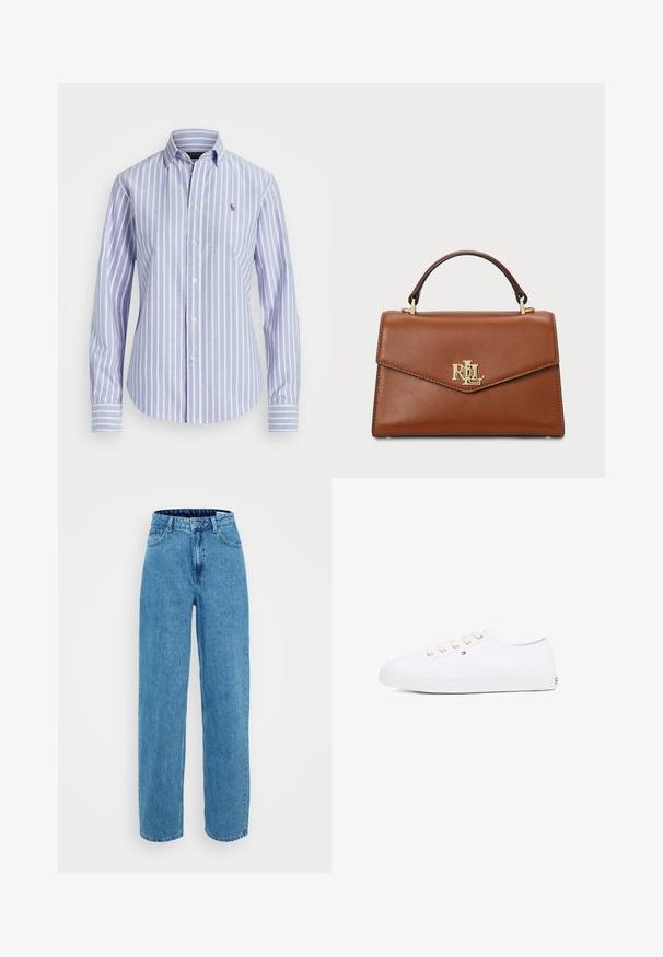 Modra in bela prugasta srajca z gumbom in ovratnikom, ki ima majhen všit logotip na prsih ter gumbaste manšete. Mehka tekstura tkanine.; Svijetloplavi traperice s visokim strukom i širokim nogavicama, s pet džepova i zatvaranjem na dugme. Mekana tekstura s laganim izbljeđivanjem.; Bela platnena športna obutev z zlatimi očesci, ravnimi vezalkami, teksturiranim gumijastim podplatom in minimalnim blagovnim znakom ob strani. Nizka zasnova.; Rjava usnjena torbica z oblikovano zasnovo, zgornjim ročajem, zlatimi dodatki in logotipom na sprednji strani. Gladka tekstura.