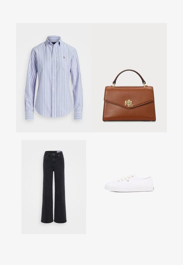 Mėlynos ir baltos horizontalios juostelės marškiniai su apykakle, turintys mažą siuvinėtą logotipą krūtinėje ir sagos rankogaliuose. Minkšta audinio tekstūra.; Juodas plačios kojos džinsai, pagaminti iš denimo, su aukštu liemeniu, mygtuko uždarymu ir oranžiniais siuvinėjimo akcentais. Lygus paviršius su minimaliu blukimu.; Baltos drobės sportbačiai su auksinėmis skylutėmis, plokščiomis raišteliais, struktūrizuota gumine padanga ir minimaliu ženklinimu šone. Žemas profilio dizainas.; Ruda oda rankinė su struktūrizuotu dizainu, viršutine rankena, auksiniais akcentais ir logotipo elementu priekyje. Lygus paviršius.