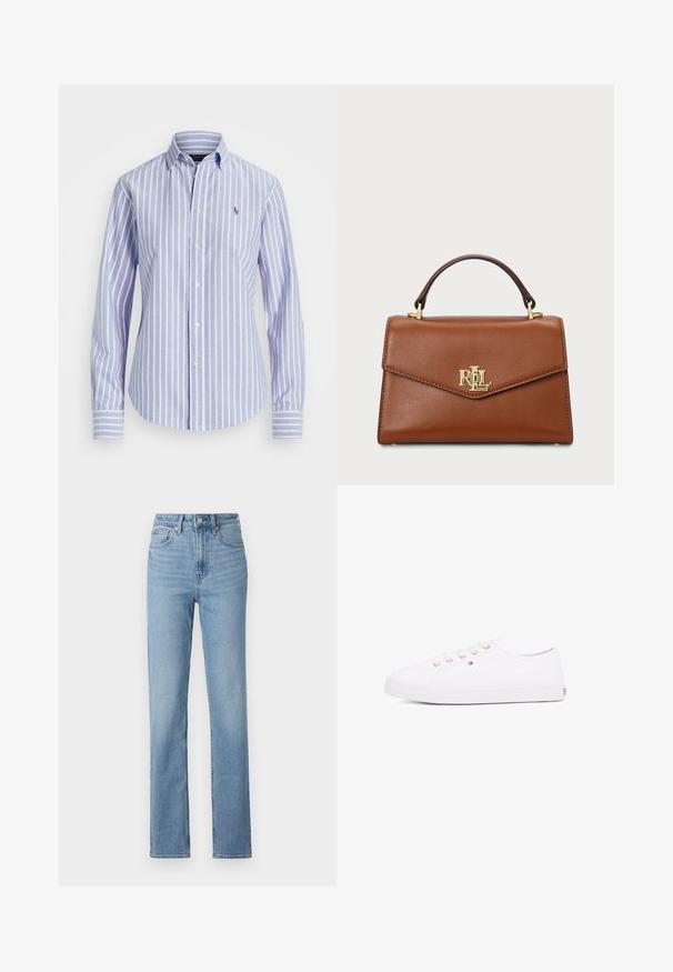 Sinine ja valge triibuline nööpidega särk, millel on kaelus, ning rindkeres väike brodeeritud logo ja nööpidega varrukaotsad. Pehme kangas.; Kergelt sinise denimi kõrge vöökohaga sirged teksad, millel on pleekinud viimistlus, nööbid ja viis taskut, samuti õmbluse aktsendid.; Valge kangast tennisemüts kuldsete silmadega, lame pael ja tekstureeritud kummist talla, minimaalse brändimisega küljel. Madala profiiliga disain.; Pruun nahast käekott, millel on struktureeritud disain, ülemine käepide, kullavärvi detailid ja logo aksent ees. Sile tekstuur.