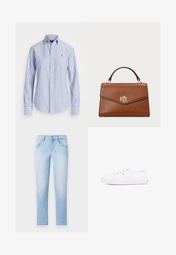 Cămașă cu dungi albastre și albe, cu guler și logo brodat mic pe piept, având manșete butonate. Textură de material moale.; Jeans din denim de un albastru deschis, cu croială dreaptă, cinci buzunare și decolorări subtile. Prezintă un sistem de închidere cu buton metalic și passanti pentru curea.; Adidași albi din pânză cu oeți aurii, șireturi plate, talpă din cauciuc texturată și branding minim pe lateral. Design cu profil jos.; Geantă de umăr din piele maro, cu un design structurat, un mâner superior, accente din aur și un logo pe față. Textură netedă.