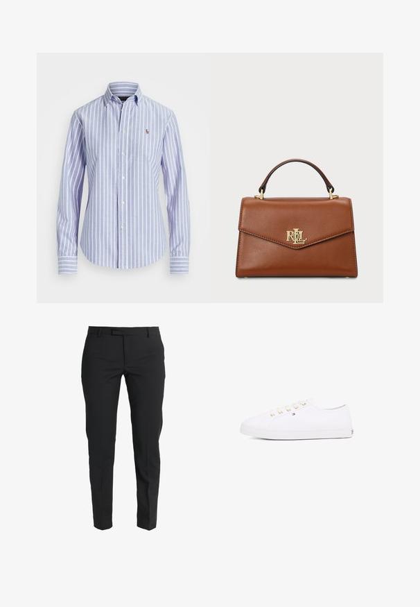 Niebieska i biała w paski koszula z guzikami i kołnierzykiem, z małym haftowanym logo na piersi oraz guziczkami na mankietach. Miękka tekstura materiału.; Czarne eleganckie spodnie wykonane z gładkiego materiału, o slim fit, prostych nogawkach, bocznych kieszeniach oraz płaskim przodzie z zapięciem na zamek.; Białe płócienne sneakersy z złotymi oczkami, płaskimi sznurowadłami, teksturowaną gumową podeszwą i minimalnym logo po bokach. Niska sylwetka.; Brązowa skórzana torebka o strukturalnym designie, z górnym uchwytem, złotymi akcentami metalowymi i logo na przodzie. Gładka tekstura.