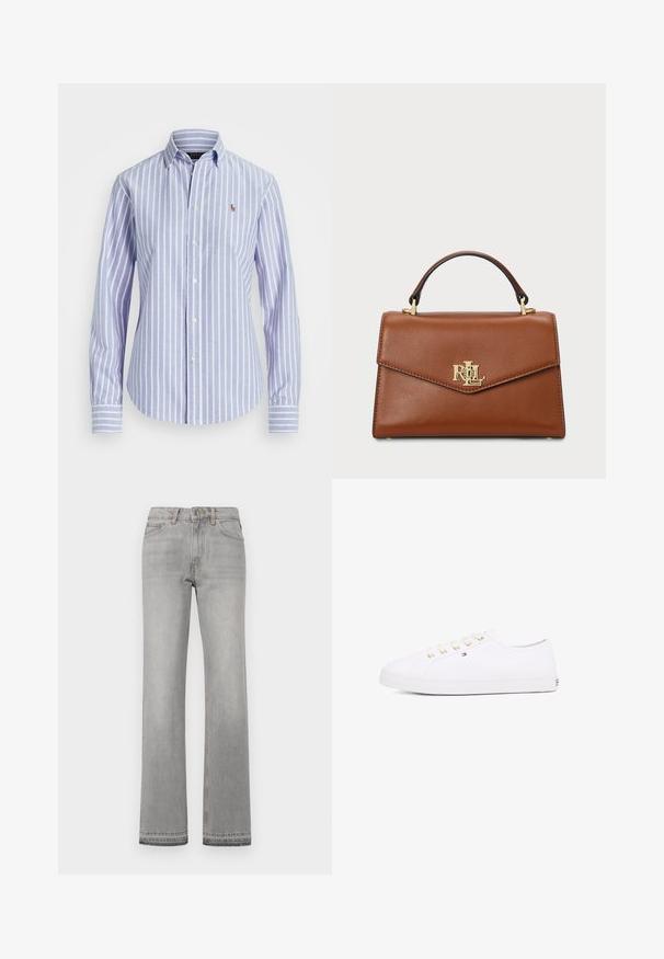 Mėlynos ir baltos horizontalios juostelės marškiniai su apykakle, turintys mažą siuvinėtą logotipą krūtinėje ir sagos rankogaliuose. Minkšta audinio tekstūra.; Pilki džinsai su tiesiu kirpimu, penkių kišenių dizainu ir kontrastingais siuvinėjimo akcentais. Lygi tekstūra ir vidutinio aukščio juosmuo.; Baltos drobės sportbačiai su auksinėmis skylutėmis, plokščiomis raišteliais, struktūrizuota gumine padanga ir minimaliu ženklinimu šone. Žemas profilio dizainas.; Ruda oda rankinė su struktūrizuotu dizainu, viršutine rankena, auksiniais akcentais ir logotipo elementu priekyje. Lygus paviršius.