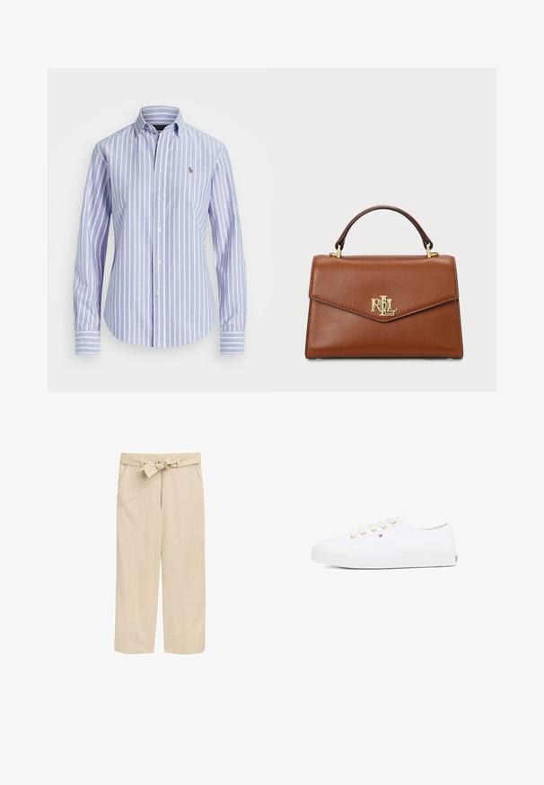 Niebieska i biała w paski koszula z guzikami i kołnierzykiem, z małym haftowanym logo na piersi oraz guziczkami na mankietach. Miękka tekstura materiału.; Beżowe spodnie w szerokim kroju z fakturowanym paskiem, posiadające dwie boczne kieszenie i czyste wykończenie. Wykonane z lekkiego materiału dla komfortu.; Białe płócienne sneakersy z złotymi oczkami, płaskimi sznurowadłami, teksturowaną gumową podeszwą i minimalnym logo po bokach. Niska sylwetka.; Brązowa skórzana torebka o strukturalnym designie, z górnym uchwytem, złotymi akcentami metalowymi i logo na przodzie. Gładka tekstura.