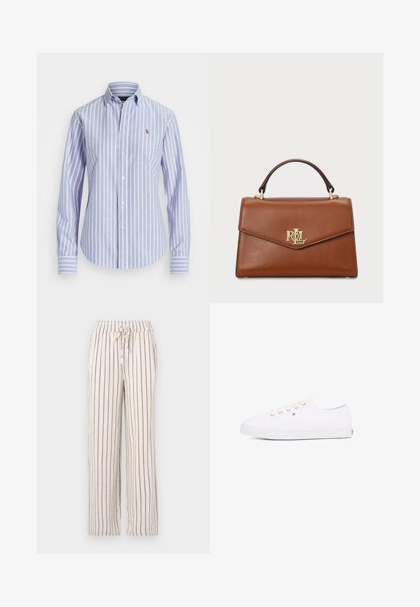Sininen ja valkoinen raidallinen nappikauluspaita, jossa on pieni brodattu logo rinnassa ja napitettavat hihansuut. Pehmeä kangas.; Liinahousut, joissa on pystyraidat tummansinisenä, joustava vyötärö ja nauhakiinnitys. Löllyä mallia suorat lahkeet ja pehmeä tekstuuri.; Valkoinen kanvaakenkä, jossa on kultaiset nauhakkeet, litteät nauhat, teksturoitu kumipohja ja minimoitu brändäys sivussa. Matala profiilinen muotoilu.; Ruskea nahkainen käsilaukku, jossa on jämäkkä muotoilu, yläkahva, kultaiset metalliosat ja logokohta etupuolella. Silkkinen pinta.