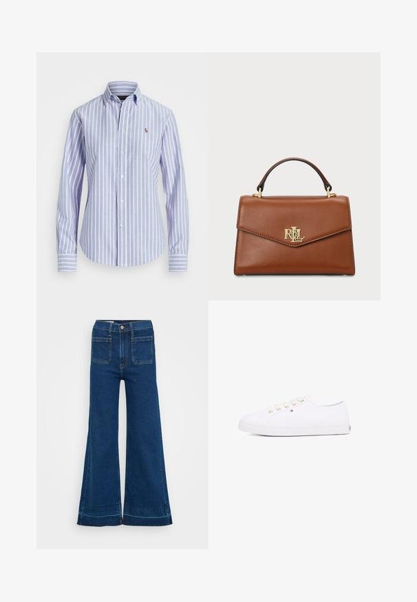 Sininen ja valkoinen raidallinen nappikauluspaita, jossa on pieni brodattu logo rinnassa ja napitettavat hihansuut. Pehmeä kangas.; Kohdistettu sininen farkut, joissa on korkea vyötärö, napituskiristys, kaksi takataskua ja käännetyt lahkeet. Teksturoitu kangas, jossa näkyvät saumat.; Valkoinen kanvaakenkä, jossa on kultaiset nauhakkeet, litteät nauhat, teksturoitu kumipohja ja minimoitu brändäys sivussa. Matala profiilinen muotoilu.; Ruskea nahkainen käsilaukku, jossa on jämäkkä muotoilu, yläkahva, kultaiset metalliosat ja logokohta etupuolella. Silkkinen pinta.