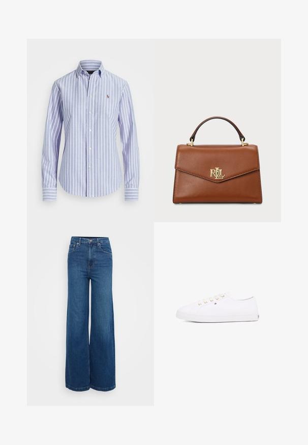 Blue and white striped button-up shirt with a collar, featuring a small embroidered logo on the chest and buttoned cuffs. Soft fabric texture.; Wide-leg jeans in dark blue denim. High-waisted with a smooth texture, featuring front pockets and a zip fly with a button closure.; White canvas sneaker with gold eyelets, flat laces, textured rubber sole, and minimal branding on the side. Low-profile design.; Brown leather handbag with a structured design, a top handle, gold hardware, and a logo accent on the front. Smooth texture.