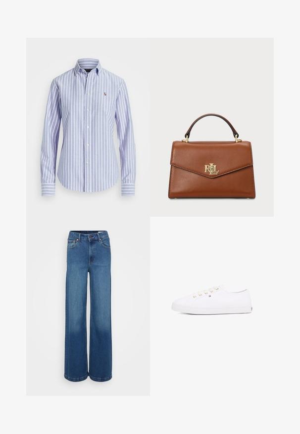 Camisa de botones a rayas azul y blanca con cuello, que presenta un pequeño logotipo bordado en el pecho y puños con botones. Textura de tela suave.; Gap Tall CURVY HIGH RISE STRIDE SUTTON - Pernera ancha - dark indigo; Zapatillas de lona blancas con ojales dorados, cordones planos, suela de goma texturizada y un branding mínimo en el lateral. Diseño de perfil bajo.; Bolso de mano de cuero marrón con un diseño estructurado, asa superior, herrajes dorados y un acento de logo en el frontal. Textura suave.