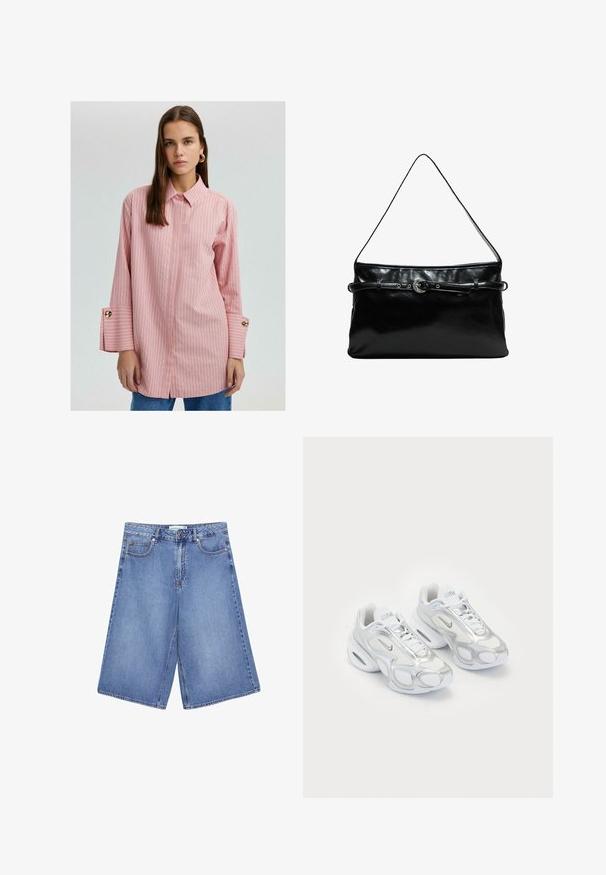 Ružičasta prugasta košulja s dugim rukavima i ovratnikom, koja ima zlatne dugmiće kao ukras i razrezane rubove. Glatka tkanina s opuštenim krojem.; Svetloplave traper culotte hlače s širokim nogavicama, koje imaju pet džepova, zatvaranje na gumb i suptilne detalje blagog izbljeđivanja.; Bijele atletske tenisice s mrežastim gornjištem i srebrnim detaljima, jedinstvenog oblika i zračnim jastučićem u peti. Dizajn sa vezicama i logotipom.; Crna kožna torba za rame s tankim podesivim remenom i dekorativnim detaljem pojasa sprijeda.