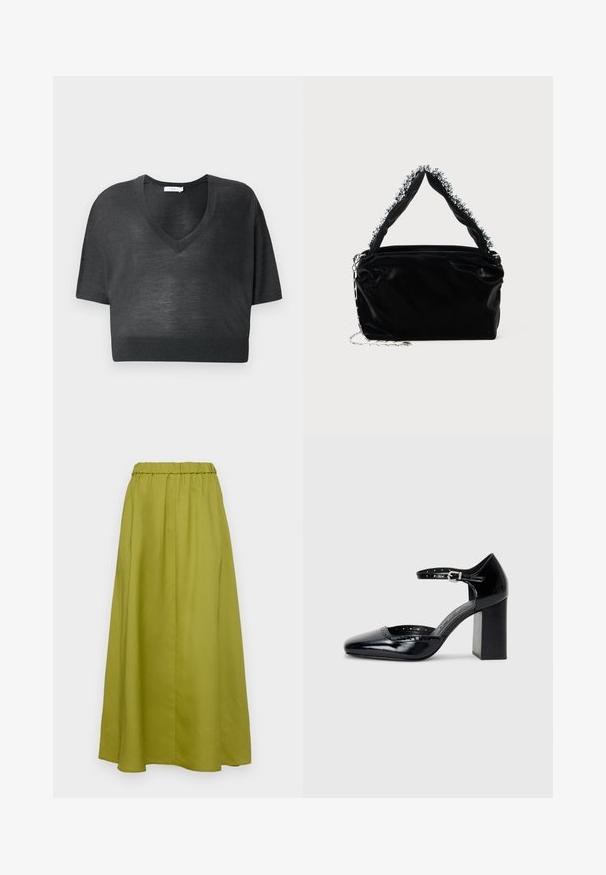 Schwarzes, kurzes T-Shirt aus leichtem Stoff, mit V-Ausschnitt, kurzen Ärmeln und geripptem Saum. Minimalistisches Design ohne Muster oder Akzente.; Maxi-Rock in Olivgrün, aus glattem Stoff gefertigt. Besitzt einen elastischen Bund und eine fließende Silhouette mit Falten für zusätzliche Textur.; Schwarze patentierte Leder-High Heels mit quadratischer Zehenform, Knöchelriemchen und dicker Absatz. Enthält durchbrochene Details entlang des Randes.; Schwarze Handtasche aus Kunstleder mit strukturiertem Finish, ausgestattet mit einem mit Perlen verzierten silbernen Akzent am oberen Griff und einem Kettenriemen.