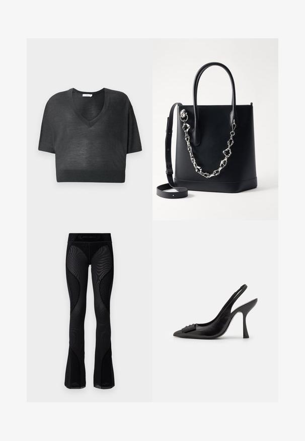 Melna īsā krekla T-kreklu vieglā audumā ar V veida kakla izgriezumu, īsām piedurknēm un ribotu apakšmalu. Minimālistisks dizains bez rakstiem vai akcentiem.; Melna acs flared leggingi ar teksturētu detaļu un rakstainiem ieliktņiem. Iekļauj augstu jostasvietu ar zīmola logo augšdaļā.; Melnas ādas sārta kurpes ar smailu purngalu, šauru augstu papēdi un dekoratīvu loku akcentu. Gluda tekstūra un elegants dizains.; Melnas ādas tote soma ar struktūru, ar sudraba ķēdes akcentu un divām rokturiem. Iekļauta noņemama ādas siksna.