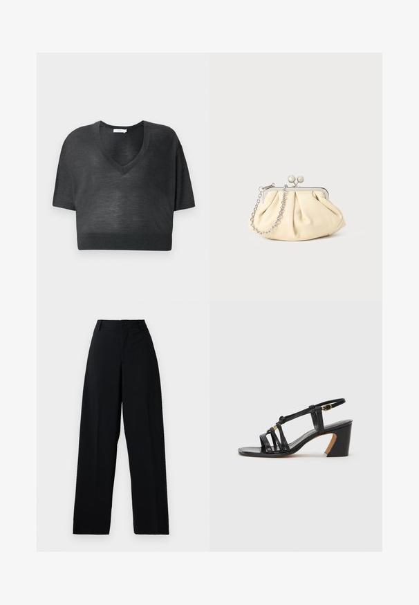 Fekete rövid crop T-shirt könnyű anyagból, V-nyakkal, rövid ujjakkal és bordás szegéllyel. Minimalista dizájn, minta vagy kiegészítők nélkül.; Fekete, magas derekú, bő szárú nadrág gombos és cipzáras záródással, övhurkokkal és tiszta, sima anyagú felülettel.; Paul Smith AMIRA - Klasszikus sarkú cipők - black; Pleátolt bézs bőr válltáska ezüst fém kerettel, két kerek díszcsattal és ezüst lánc pánttal.