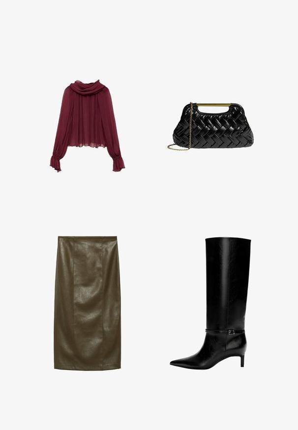 Blusa in chiffon bordeaux con collo drappeggiato e maniche lunghe. Le maniche presentano polsini arricciati, creando una silhouette fluida.; Gonna a matita in ecopelle verde oliva con una consistenza liscia, lunghezza al ginocchio, caratterizzata da cuciture verticali per un look sartoriale.; Stivale in pelle nera alto fino al ginocchio con punta appuntita e tacco basso. Presenta una cinghia sottile con una fibbia metallica attorno alla caviglia. Texture liscia.; Borsa a tracolla in pelle intrecciata nera con manico metallico dorato e tracolla a catena removibile. Presenta una finitura lucida e una forma morbida e arrotondata.