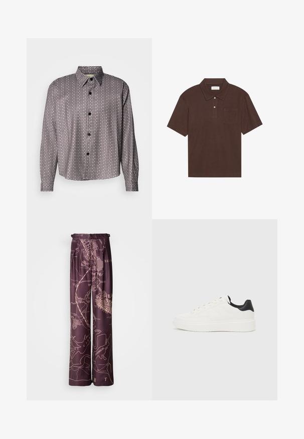 Black and white patterned shirt with long sleeves, button front, classic collar, and a subtle geometric design throughout.; Brown polo shirt made of soft fabric, featuring a collar, three-button placket, and a left chest pocket. Short sleeves, relaxed fit.; Purple wide-leg pants with a map print in a lighter hue. Made from smooth fabric, featuring pleats and an elastic waistband.; White leather sneaker with embossed pattern, textured white midsole, and black heel accent. Features rounded toe and flat laces.