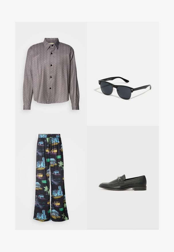 Fekete-fehér mintás ing, hosszú ujjakkal, gombos elülső rész, klasszikus gallér és diszkrét geometriai minta az egész felületén.; Heathe EKO TROUSERS - Nadrágok - black; Fekete bőr loaferek sima felülettel, varrott mintával és díszítő fém lánccal a cipő elején. Lapos sarok.; Fekete napszemüveg, téglalap alakú, sötét lencsékkel, ezüst részletekkel a szárakon, és matt felülettel a kereten.