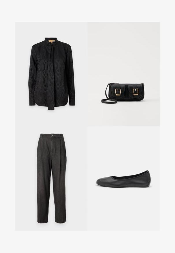 Bluză neagră dintr-un material neted, având un model ton pe ton subtil, mâneci lungi, guler înalt și închidere cu fundă la gât.; Pantaloni din denim gri închis cu talie înaltă, pliuri în față, picioare drepte și o închidere cu un singur nasture la talie.; Balerini din piele neagră, cu vârf rotund, textură netedă, detalii de cusătură minimale și un design al tălpii flexibil.; Geantă neagră din piele, tip crossbody, cu două buzunare frontale, catarame aurii, închidere cu fermoar și o curea subțire. Suprafață texturată și formă rectangulară compactă.
