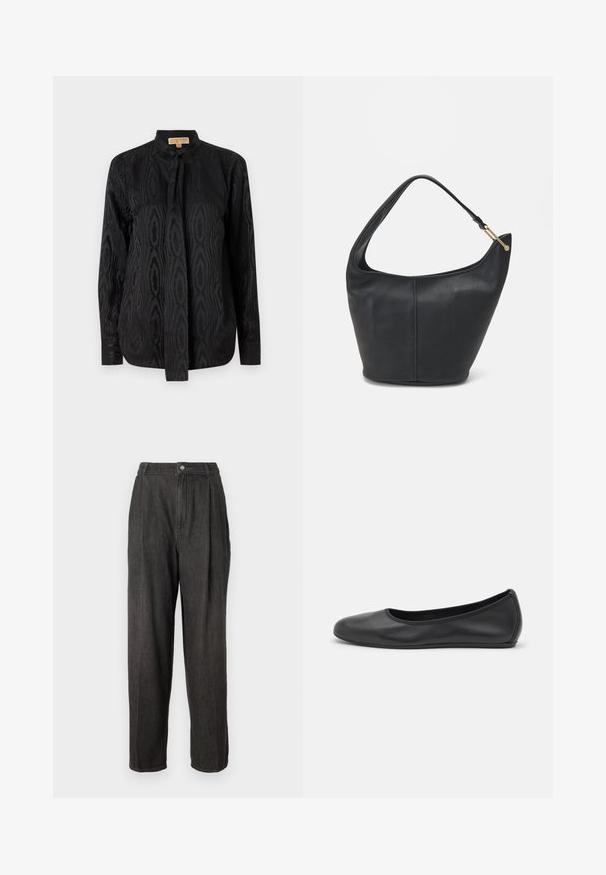 Černá blůza z hladkého materiálu, s jemným tónovým vzorem, dlouhými rukávy, stojáčkovým límcem a vázáním u krku.; Tmavě šedé džíny s vysokým pasem, záhyby na přední straně, rovné nohavice a jedním knoflíkem na zapínání v pase.; Černé kožené baletní byty s kulatou špičkou, hladkou texturou, minimálními švy a flexibilním designem podrážky.; Černá kožená kabelka zaobleného tvaru, s širokým popruhem a texturovaným povrchem. Obsahuje jemné švy a akcenty ve zlatém tónu.