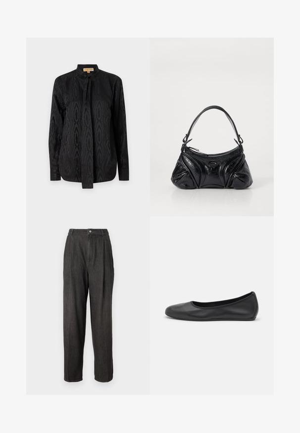 Melnā blūze, kas izgatavota no gludas auduma, ar smalku tonālu rakstu, garām piedurknēm, staigājošu apkakli un saišu aizdari pie kakla.; Tumši pelēki džinsi ar augstu vidukli, ar krokām priekšpusē, taisnām kājām un vienu pogu jostasvietā.; Melna ādas baleta kurpe ar noapaļotu purngalu, gludu tekstūru, minimālu šuvju detalizāciju un elastīgu zoles dizainu.; Melna soma, kas izgatavota no strukturētas ādas ar noapaļotu formu. Tajā ir plāna plecu siksna un dekoratīvi reljefi raksti.