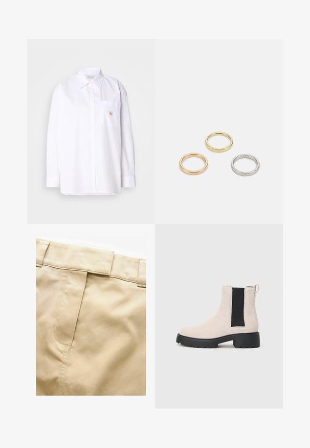 Valge puuvillane nööpidega särk pika varrukaga, rinnakotiga ja väikese CK logo plaastriga kotil. Sile tekstuur ja kohandatud lõige.; Next UTILITY REGULAR FIT - Maksiseelik - stone; Beez suède Chelsea saapad mustade venituspaneelidega, turske musta põhjaga ja käepidemega pahkluul.; Kolme metallist rõngast: üks roosa kuld, üks kuld tekstuursete aktsentidega ja üks hõbe, kõik sisepoolt graveeritud brändinguga.