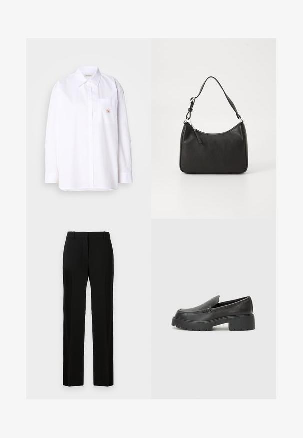 White cotton button-up shirt with long sleeves, a chest pocket, and a small CK logo patch on the pocket. Smooth texture and tailored fit.; Black trousers with a straight-leg design, made of smooth fabric, featuring a flat front, belt loops, and no visible patterns or accents.; Black leather loafers with a rounded toe, thick textured sole, and minimal stitching details. Sleek design with no visible laces or hardware.; Black leather handbag with a curved shape, a single strap, zip closure, and subtle branding on the front. Smooth texture, minimalist design.