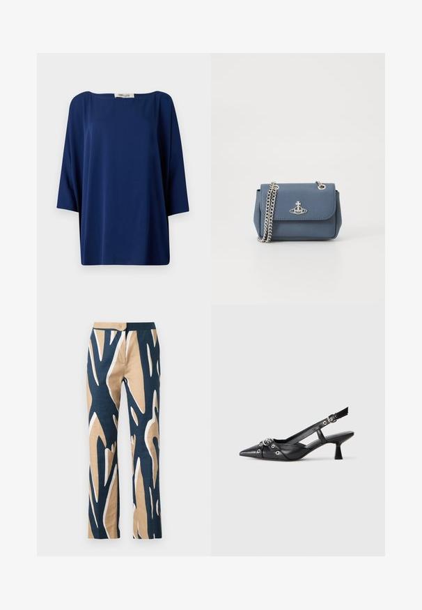 Navy blue loose-fitting top with a wide neckline and half sleeves, featuring a smooth texture and minimalist design.; Wide-leg trousers in navy, beige, and white graphic pattern. Made from lightweight fabric with a smooth texture and tailored waist.; Black leather slingback shoe with a pointed toe, decorative straps featuring metal eyelets, and a low block heel. Textured surface.; Blue textured faux leather handbag with a silver chain strap and a logo accent on the front. Clasp closure with a flap design.
