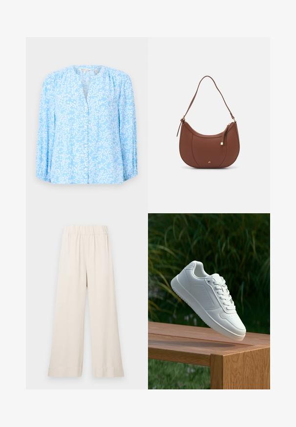 Lys blå bluse med hvit blomstermønster, lange ermer, rund hals og kneppet foran. Mykt stoff med lett tekstur og samlede detaljer.; Videbukser i en lys beige farve, lavet af blødt stof med elastik i taljen og uden synlige lukninger eller lommer.; Hvite sneakers med en glatt syntetisk overdel, perforert tåboks, flate snørebånd og en teksturert såle, vist på en treflate.; Brun kunstlæder skuldertaske med buet form, minimal syning og detaljer i guld-tonet hardware. Har en top lynlås lukning og justerbar rem.