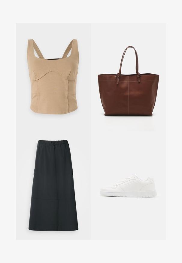 Beige cropped topp med brede skulderstropper, glatt tekstur, buede sømmer og en tettsittende design. Ingen synlige lukkinger eller utsmykninger.; Ecoalf SKIRT WOMAN - A-line skjørt - black; Hvit sneaker laget av glatt syntetisk materiale, med avrundet tå, snøredesign, flat såle og subtil perforering.; Brun lær tote bag med dobbelthåndtak, har kontraststing og en romslig design, egnet for daglig bruk.