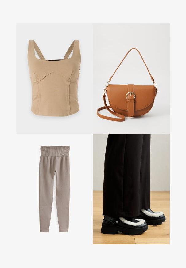 Beige cropped top met brede schouderbanden, een gladde textuur, gebogen naden en een aansluitend ontwerp. Geen zichtbare sluitingen of versieringen.; Beige geribbelde legging met een brede tailleband, taps toelopende benen en een gladde textuur, ontworpen voor comfort en flexibiliteit.; Zwarte platform schoenen hebben een witte bontachtige rand, een ronde neus en een band met een metalen knop. Gecombineerd met zwarte broek op een houten vloer.; Bruine leren schoudertas met een gebogen vorm, gouden hardware en een gespaccent. Bevat een afneembare schouderriem.