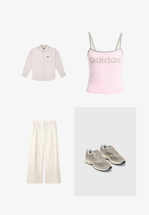 Camicia grigia chiaro a maniche lunghe con bottoni, a righe verticali. Presenta tasche sul petto e un colletto classico. Tessuto morbido con una vestibilità rilassata.; Top senza maniche di colore rosa chiaro con bordi grigi e spalline regolabili, caratterizzato da un grande logo "adidas" grigio al centro. Materiale in cotone.; Pantaloni palazzo beige chiaro realizzati in tessuto strutturato, con pieghe frontali, un girovita piatto e senza hardware o dettagli visibili.; Sneaker sportive grigie con tomaia in rete, sovrapposizioni testurizzate e leggera ammortizzazione. Presenta lacci, collare imbottito e suola in gomma.