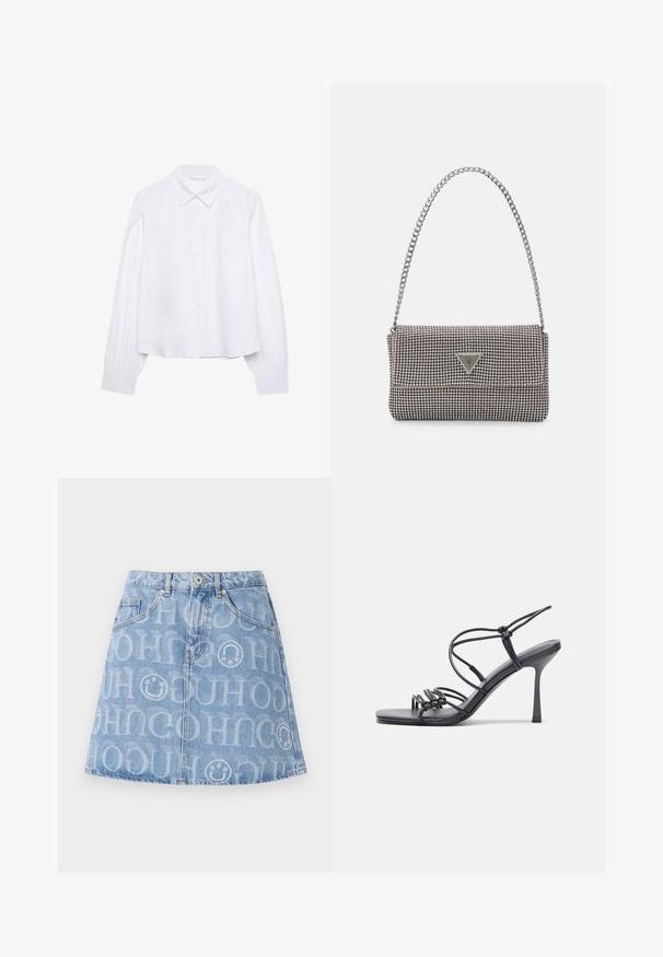 Biała koszula z długim rękawem, zapinana na guziki, z zaostrzonym kołnierzykiem i marszczonymi mankietami, wyeksponowana na jasnym białym tle.; Jasnoniebieska spódnica dżinsowa z powtarzającym się wzorem logo na całej powierzchni, pięcioma kieszeniami i rozkloszowanym krojem z widocznym pasem.; Czarne sandały na wysokim obcasie mają cienkie paski z węzłowym wzorem, gładki, kwadratowy czubek i smukły obcas w stylu szpilki.; Jasnoszara metaliczna torebka na łańcuszku, ozdobiona małymi okrągłymi metalowymi ćwiekami oraz trójkątnym logo marki.; Srebrne kolczyki na biglu o gładkim, błyszczącym wykończeniu. O zaokrąglonym kształcie, lekkim designie, z zamknięciem na zatrzask.