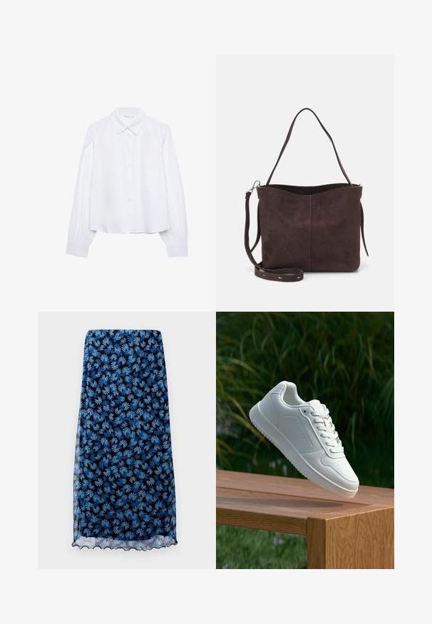 Chemise blanche à manches longues à col pointu et poignets froncés, présentée sur un fond blanc uni.; Jupe en imprimé floral bleu marine avec des motifs de marguerites bleu clair, en tissu transparent, à ourlet festonné et à silhouette droite.; Sneakers blanches avec une tige synthétique lisse, un avant perforé, des lacets plats et une semelle texturée, présentées sur une surface en bois.; Sac fourre-tout en suède brun avec une texture douce, présentant une seule bandoulière et une ouverture supérieure légèrement courbée. Aucun détail de matériel visible.; Bague en argent avec un design lisse et courbé, mettant en avant un accent en forme d'étoile. Modèle portant un sweat-shirt vert avec des lettres jaunes, les mains près du cou.