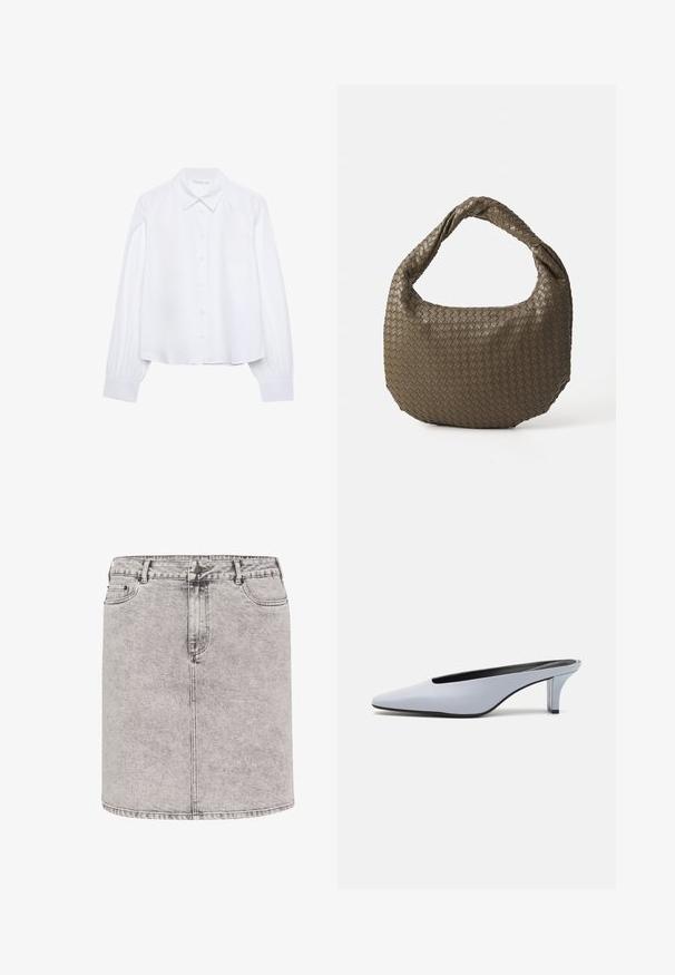 Hvid langærmet skjorte med knapper, spids krave og sammensnørede manchetter, præsenteret på en ensfarvet hvid baggrund.; Denimnederdel i lys grå, med en pencil-form, frontlommer og synlige sy-detaljer. Materialet har en let tekstureret overflade.; Lys blå patentlæder mule med spids tå, lav gennemsigtig hæl og et elegant design med udskæring ved vamps.; Vevet olivengrøn håndtaske med en rund form og et snoet håndtag. Den teksturerede overflade har et diagonalt mønster. Lynlåslukning.