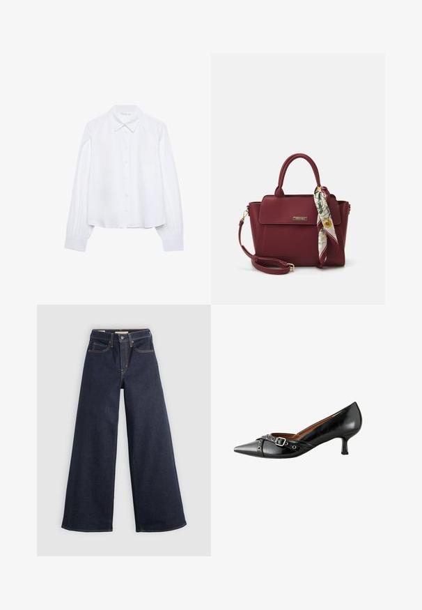 Bílá košile s dlouhým rukávem a knoflíkovým zapínáním, s špičatým límcem a nařasenými manžetami, vystavená na jednobarevném bílém pozadí.; Džínové kalhoty s širokými nohavicemi ve tmavě modré barvě s kontrastním prošíváním. Mají tradiční pětikapsový design a zapínání na knoflík v pase.; Černé kožené lodičky s špičatou špičkou, zakřiveným podpatkem a dekorativní sponou. Mají hladký povrch a kontrastní pásek s kovovými akcenty.; Burgundská kabelka vyrobená z umělého materiálu se strukturovaným designem, která má odnímatelný popruh a kroužek, na kterém je uvázaný šátek s květinovým vzorem.
