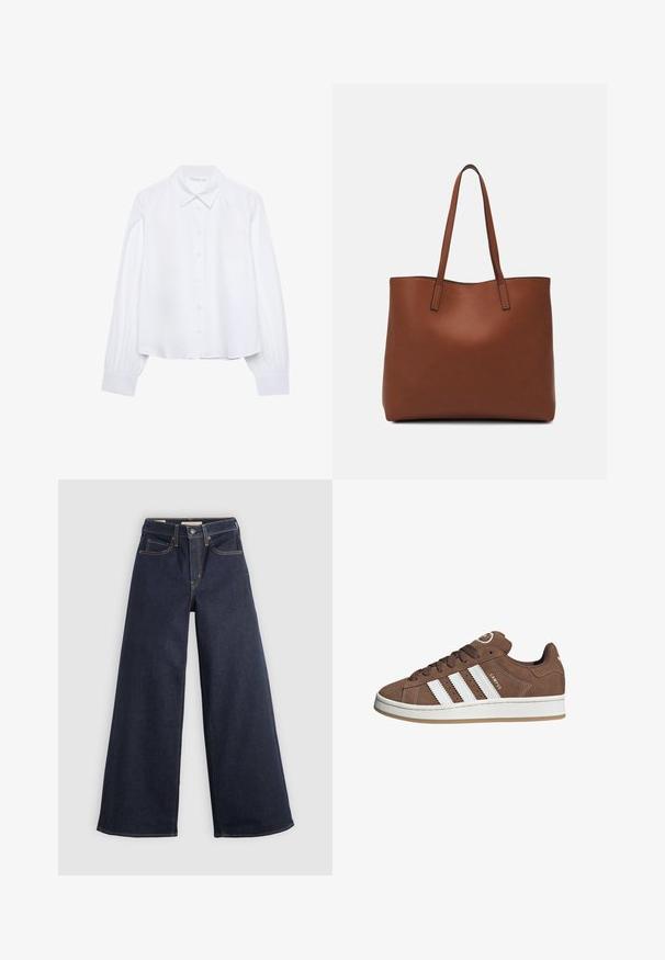 Biela dlhá košeľa s gombíkmi a špicatým golierom, s naberanými manžetami, vystavená na jednoduchej bielej ploche.; Džíny s širokými nohavicami v tmavomodrej farbe s kontrastným šitím. Obsahujú tradičný dizajn s piatimi vreckami a zapínanie na gombík v páse.; Hnedé semišové tenisky s bielymi koženými pruhmi, gumovou podrážkou, okrúhlou špičkou a šnurovaním. Obsahujú logo na jazyku a perforované akcenty.; Hnedá kožená taška na rameno s hladkou textúrou, otvoreným vrchom a dvoma ramenými popruhmi. Má minimálne šitia a žiadne viditeľné kovania.