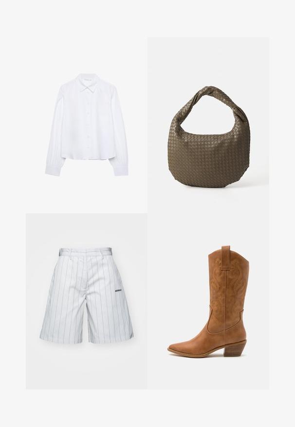 Bela dolgimi rokavi srajca z gumbi in koničastim ovratnikom ter nabranimi manšetami, prikazana na enobarvni beli podlagi.; Bele kratke hlače z belimi črtami, gladke teksture, s pasom in stranskimi žepi. Na levi strani je majhna črna oznaka.; Rjavi usnjeni kauboj čevlji s koničastim nosom, vezenimi vijugastimi vzorci na zgornjem delu in zloženim kvadratnim peto. Imajo zanko za enostavno obuvanje.; Tkanina olivno zelena torba z okroglo obliko in zvitim ročajem. Tekstura površine vsebuje diagonalni vzorec. Zadrga za zapiranje.