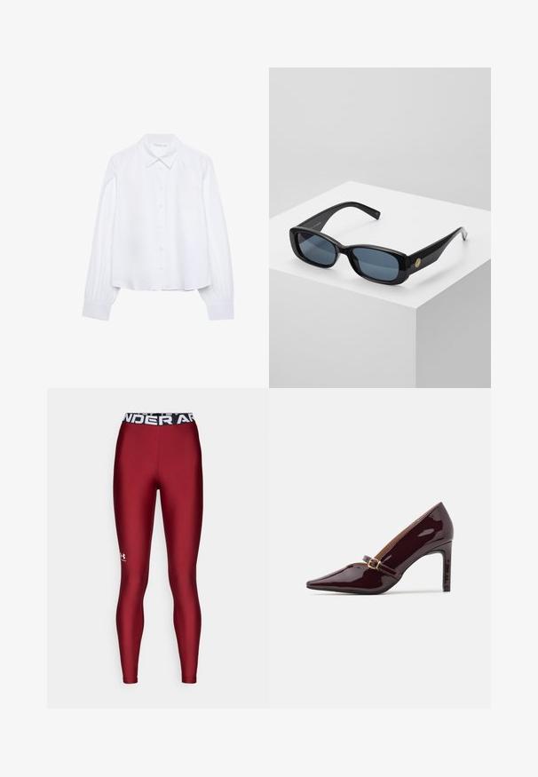 Camicia bianca a maniche lunghe con colletto a punta e polsini arricciati, mostrata su uno sfondo bianco semplice.; Leggings bordeaux realizzati in un materiale elasticizzato con una cintura elastica nera che presenta la scritta "UNDER ARMOUR" stampata in bianco.; Scarpa con tacco alto color bordeaux con punta affilata, cinturino alla caviglia con finiture in oro e una superficie liscia e lucida. Tacco a stiletto elevato.; Occhiali da sole neri rettangolari con lenti blu oscurate, montatura spessa e un accento circolare dorato di lato. Finitura elegante e lucida.; Borsa borgogna realizzata in materiale sintetico con un design strutturato, dotata di tracolla removibile e un foulard a motivi floreali legato al manico.